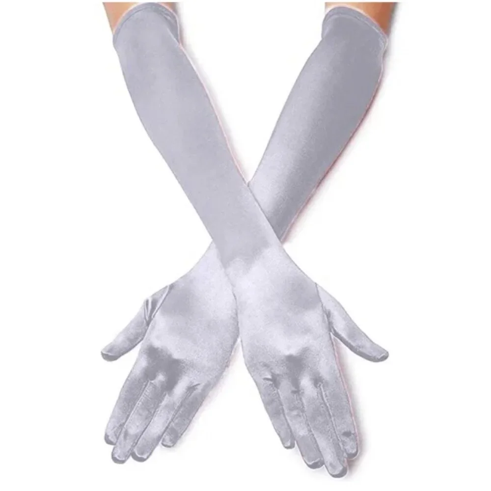 White 3/4 length long nylon satin Opera formal gloves. One size fits most. NEW
